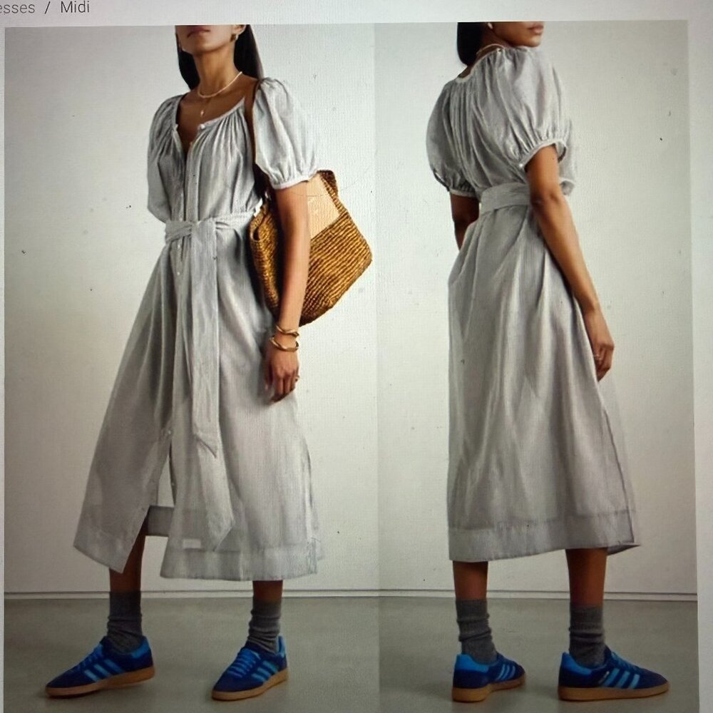 DOEN Sz L Juno Dress in White & Gray Stripe NWT